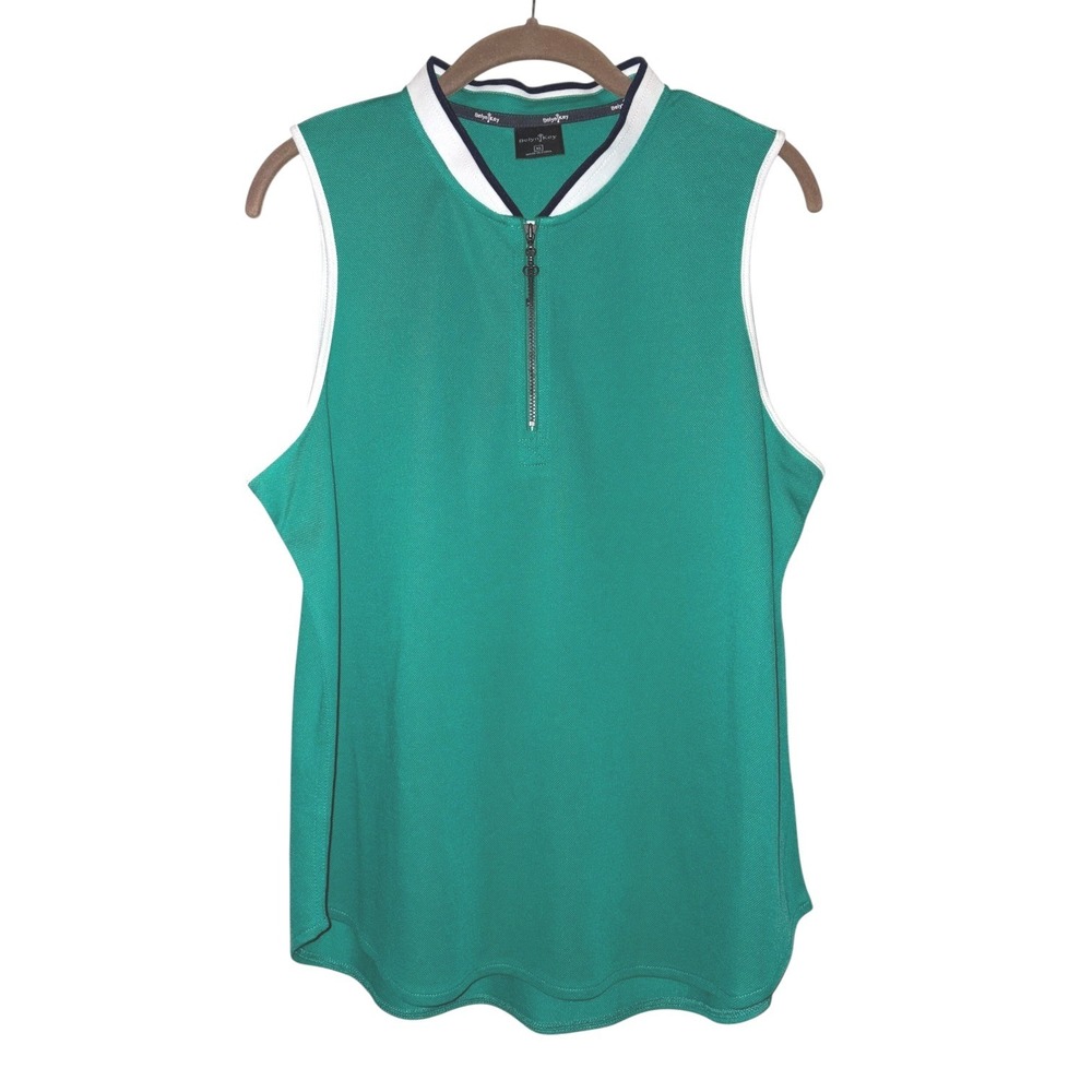 Belyn Key XL Golf Top Green White trim‎ Q Zip Sleeveless Tencel Blend MINT COND!